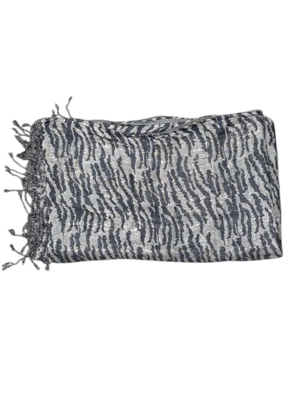 Metallic Zebra Print Fringe Scarf in Silver and Charcoal